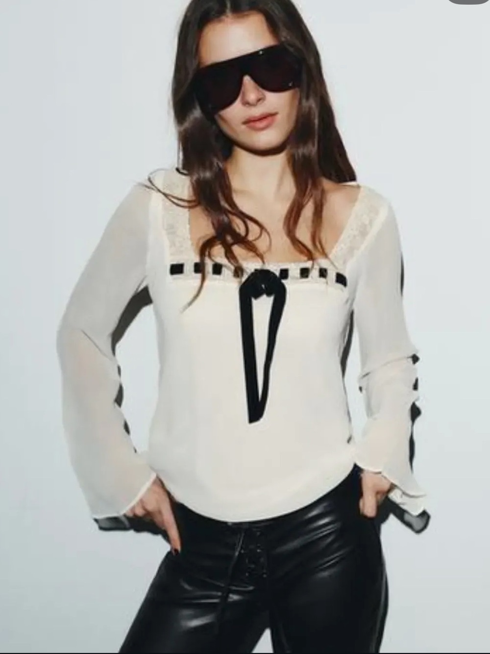 Zara Cream Long-Sleeve Lightweight Blouse